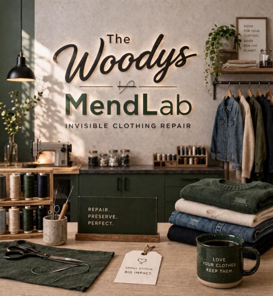 Cozy clothing repair shop with vintage tools and folded knitwear.